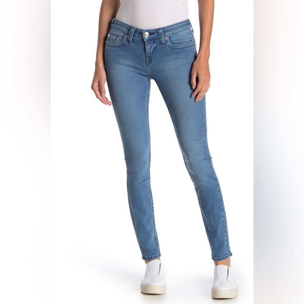 True Religion Halle Mid Rise Super Skinny Stretch no flap Midnight Frost wash